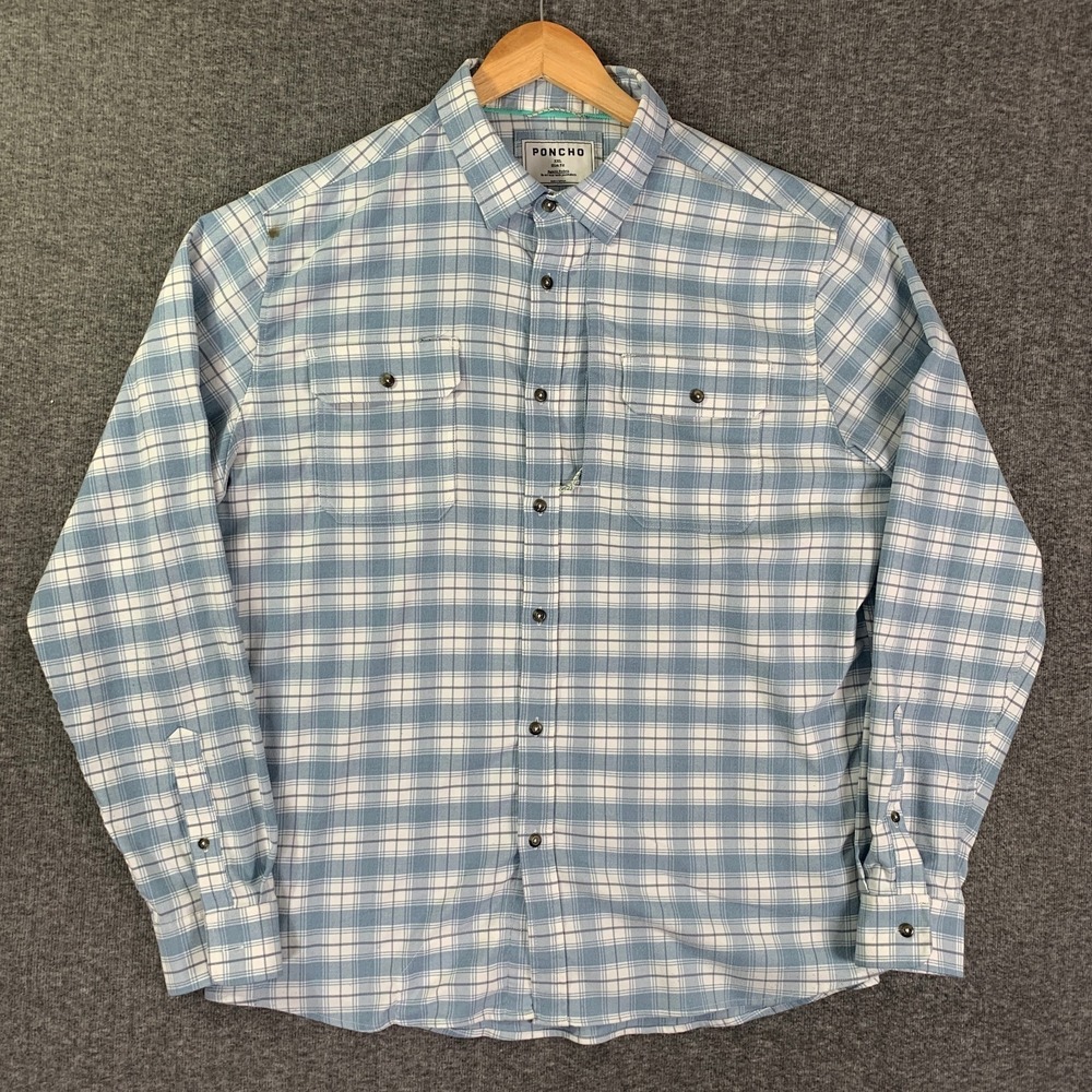 Poncho Shirt Men 2XL Slim Fit Blue Plaid Outdoor Western Fishing